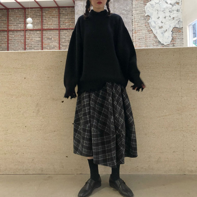 Gonna midi a trapezio in lana elasticizzata GraceChic, stile retrò, autunno inverno, per donna, lunghezza media, patchwork scozzese ~ Export Overstock_voghion.com