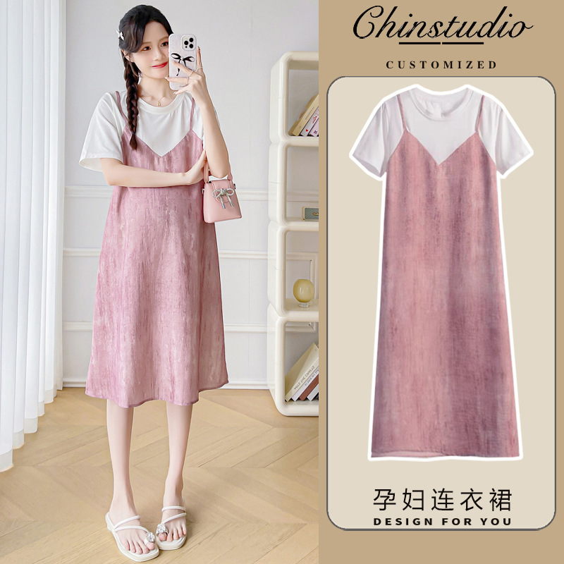Maternity Dress Real Shot in stock Summer Dress New Style Fashionable Fake Two-piece Loose Slimming Pregnant Women dress Women