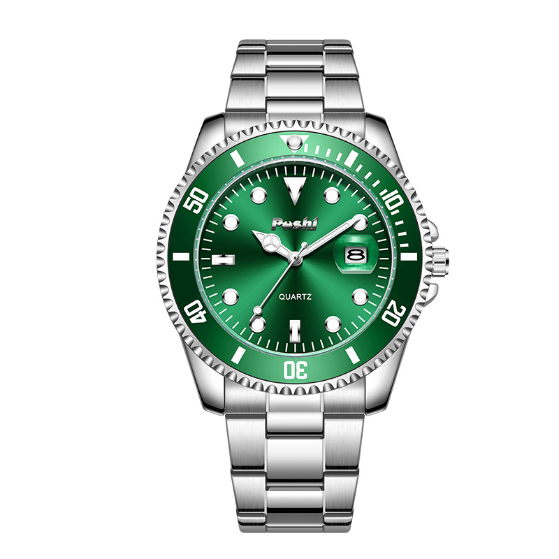 Una pieza de reloj para hombre, reloj de cuarzo de fantasma de agua verde, Douyin Live Cross-border con fecha, caja giratoria
