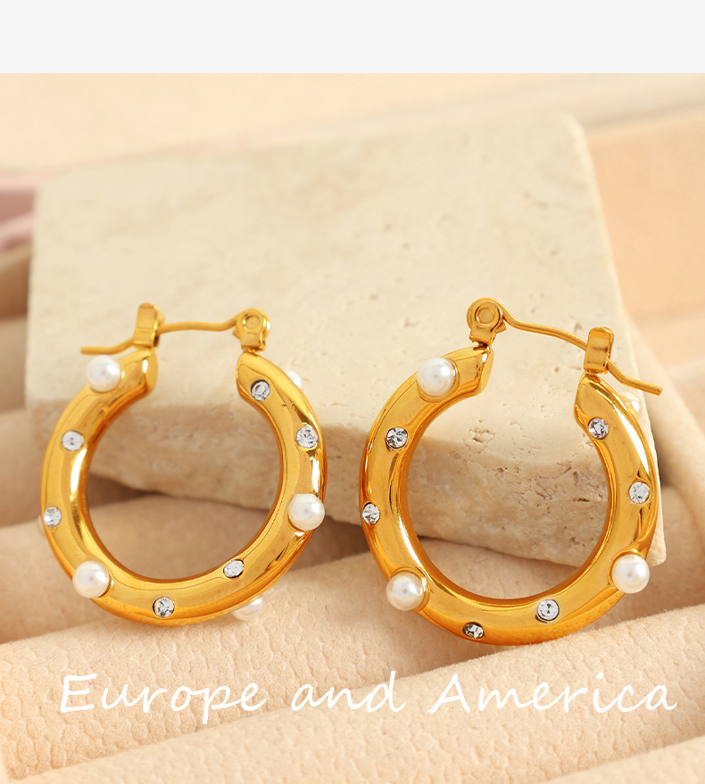 Casual Occasion PVD Coated Real Gold Plated C Shape Imitation Pearl Titanium Steel Simple Style Waterproof Non Tarnish Earrings