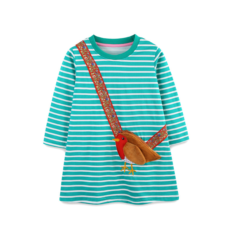 Otoño nuevo estilo vestido de niña parche de moda de estilo europeo y americano vestido de princesa para niños pequeños y medianos cuello redondo a rayas falda de manga larga para niños