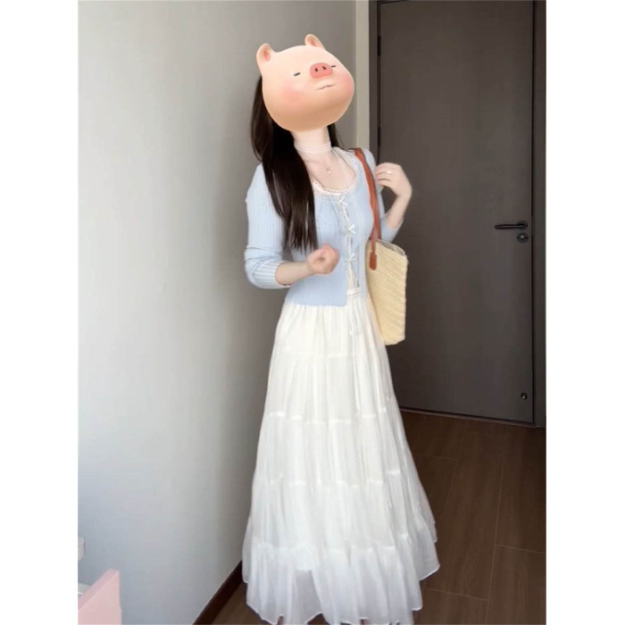 秋季一整套度假风超仙显瘦女学生半身裙+韩系减龄拼接假两件上衣|undefined