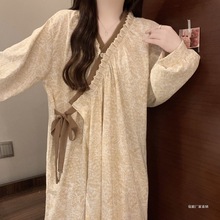 春秋季长袖国风睡袍女新中式大码200斤可穿睡裙女2025新款家居服