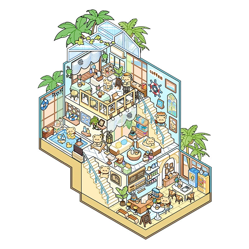 Cartoon big sticker, three dimensional small hut, in 3d format