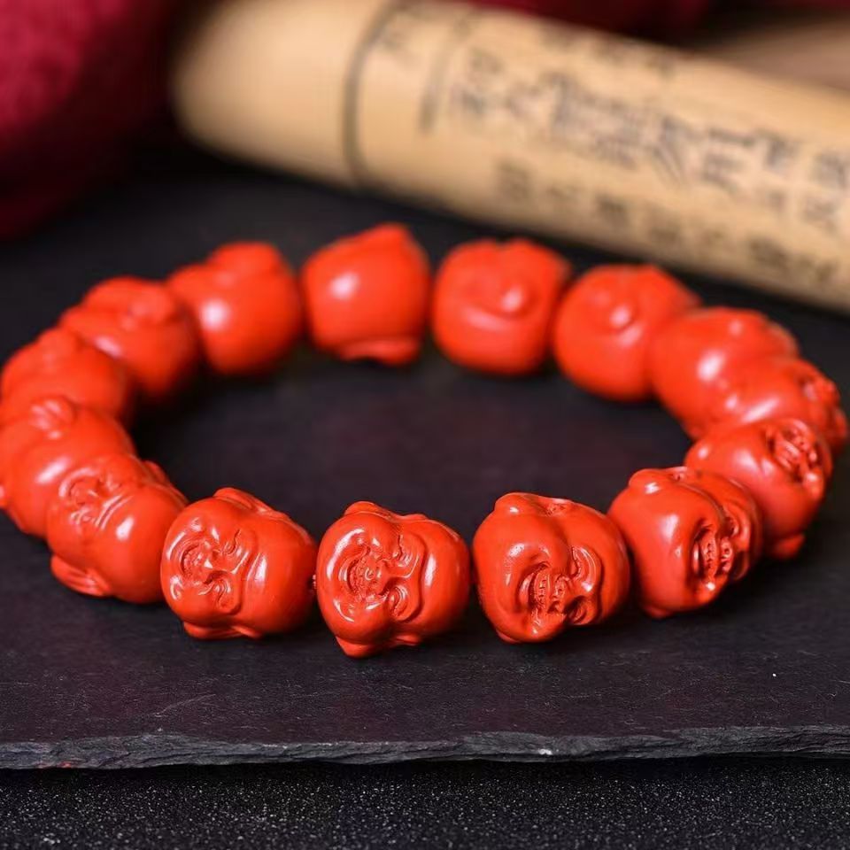 工厂价批发纯天然高含量朱砂手串佛头珠手串紫金砂帝王红砂雕刻