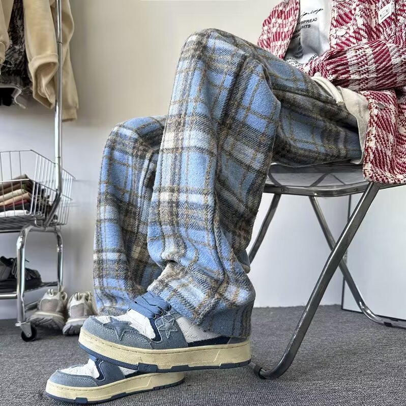 2024 New Thickened Woolen Plaid Pants Men's Loose Straight Pants Autumn Heavy-weight Retro Casual Dagging Wide-leg Pants