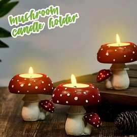 跨境新品仿真小蘑菇家居装饰蘑菇烛台蘑菇茶烛烛台树脂工艺品摆件