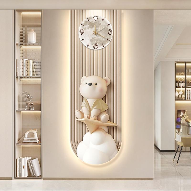 入户奶油感法式玄关钟表走廊客厅壁画小熊挂画高级尽头风装饰画带