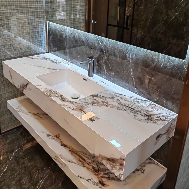 New Hotel-Style Bathroom Cabinet with Double-Layer Rock Slab and Seamless Integrated Basin, Modern Minimalist Bathroom New Hotel-Style Bathroom Cabinet with Double-Layer Rock Slab and Seamless Integrated Basin, Modern Minimalist Bathroom