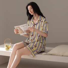 夏季新款纯棉女短袖短裤开衫翻领睡衣卡通休闲女家居服图片色圆领