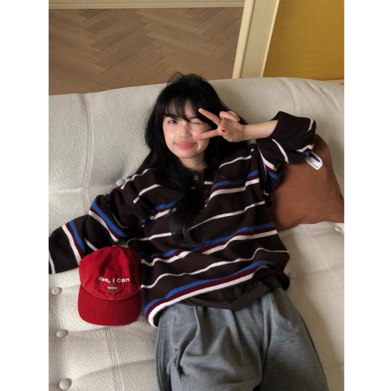 韩国hone新款超火毛衣套头针织衫polo领撞色条纹洋气宽松显瘦女装|undefined