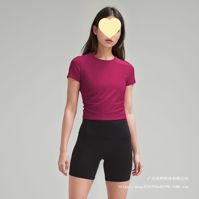Lulu Summer Yoga Women's Breathable Quick-Drying Slimming Tight-Fitting Nylon Ribbed High-Elastic Sports Jogging Short-Sleeved Sports Wear Lulu Summer Yoga Women's Breathable Quick-Drying Slimming Tight-Fitting Nylon Ribbed High-Elastic Sports Jogging Short-Sleeved Sports Wear