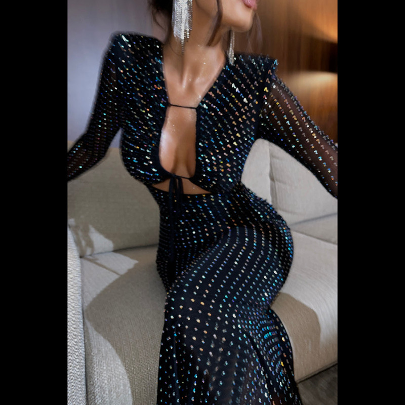 Femmes Robe À Paillettes Style Classique Vêtement De Rue Sans Col Diamant Manche Longue Couleur Unie Maxi Longue Robe Boîte De Nuit Bar display picture 6