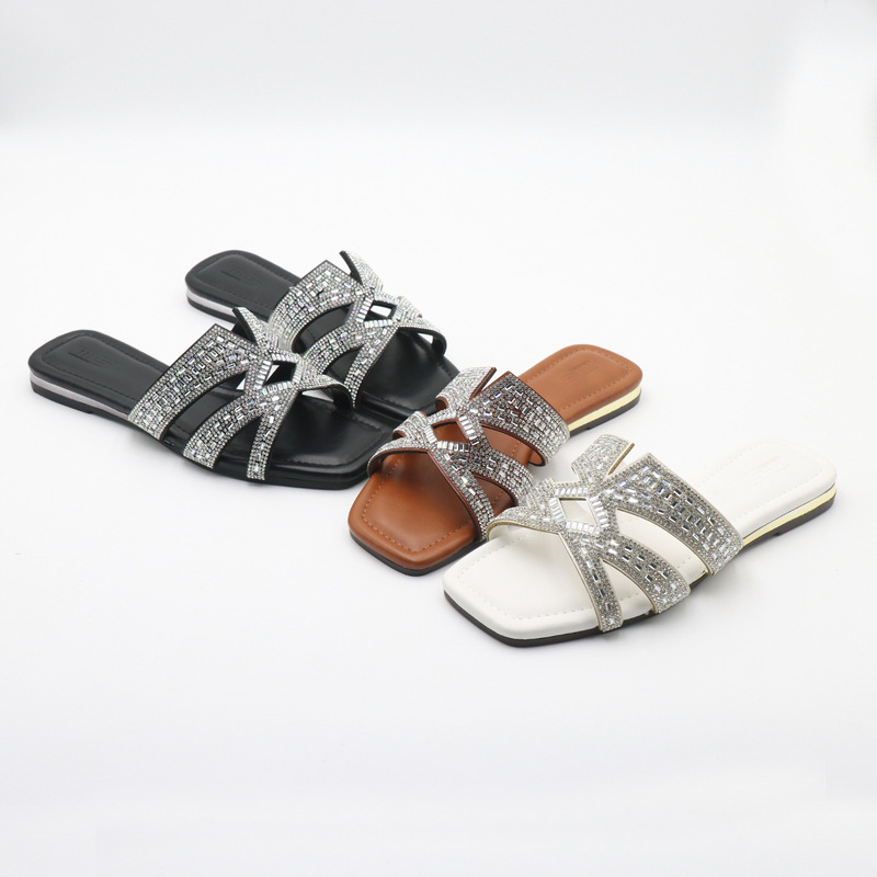 Women's Large Size Slippers for Export, 2026 Summer New Korean Style Rhinestone Sequin Flat Outdoor Sandals for Women