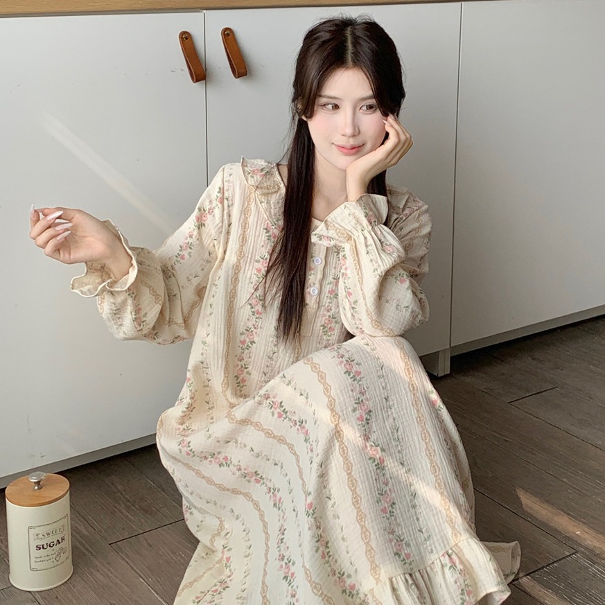 纯棉韩版春季新款睡衣女连衣裙宽松ins可爱公廷风外穿家居服睡裙