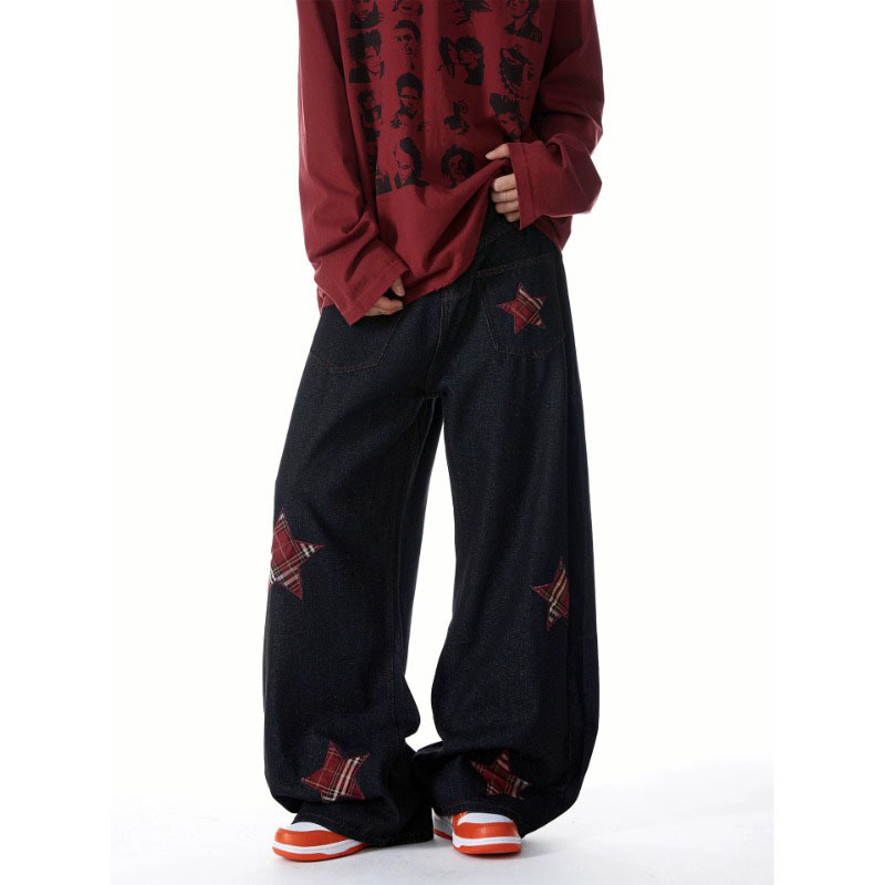 2026 American-Style Plaid Star Patchwork Embroidered Denim Curved Pants for Men, Trendy Hip-Hop High Street Loose Casual Pants