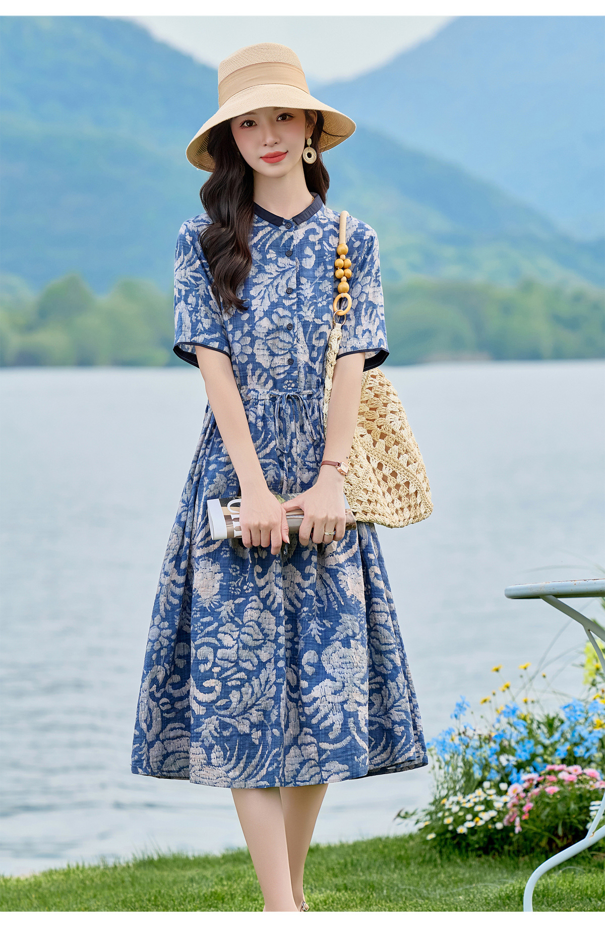 Đầm maxi nữ thắt eo họa tiết hoa nhí dáng suông rộng NI825 — Xanh lông mòng đen chi tiết 17