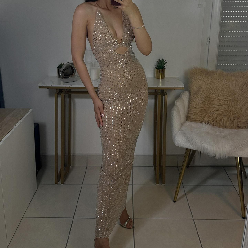 Summer European and American new fashion sexy women's hot drilling mesh sling long dress women's supply factory