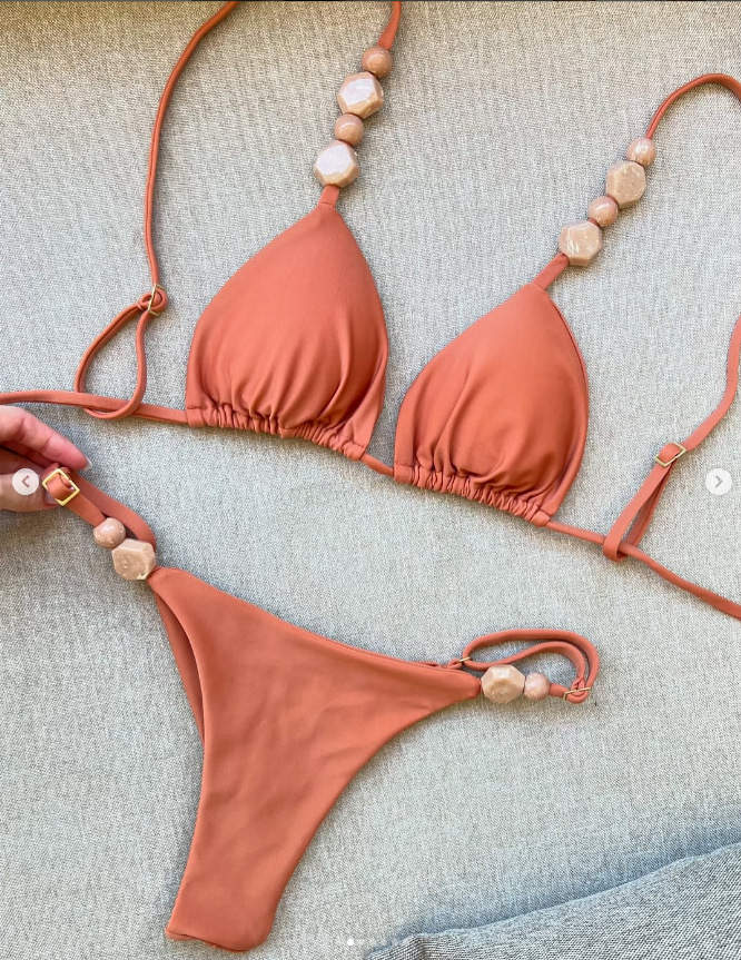 Women's High-End Fresh Split Bikini Solid Color Small Stone Accessory Design Hot Spring Resort Swimwear_voghion.com