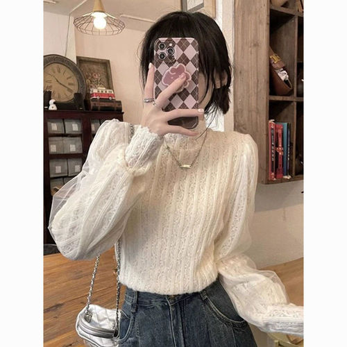 Semi-high-neck lace base shirt for women's autumn and winter new style interior with velvet thick lanterns, long-sleeved shirt