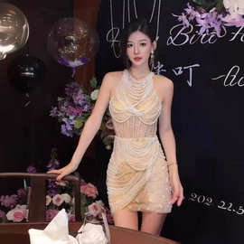 晚礼服温柔高端轻奢小众连衣裙法式重工钉珠宴会成人礼生日小礼裙