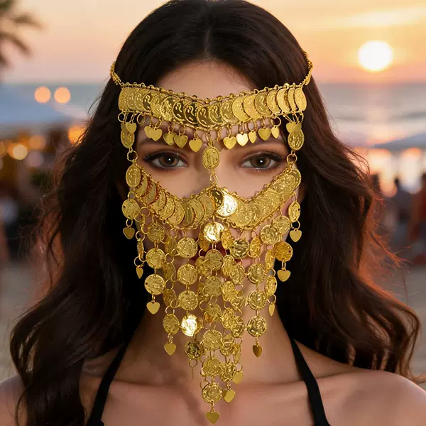 Exotic-style gold coin heart tassel mask headband, suitable for Western dance performances, photoshoots, and as a face-covering accessory