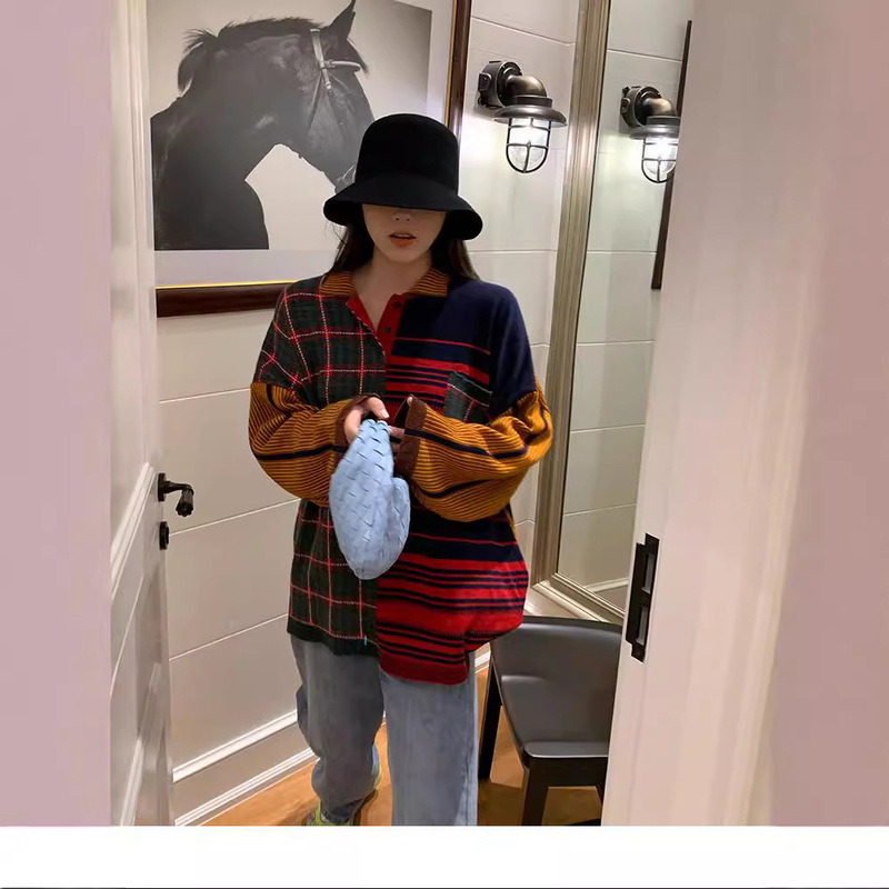 [in stock] MS Sweater Women's Loose Outer Wear Retro Contrast Color Loose Lazy Style Pullover Sweater