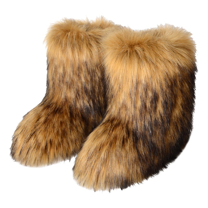 Cruz-frontera europea y americana plana de alta-superior caliente invierno botas de piel profunda boca punta redonda media-pantorrilla imitación Fox piel botas de nieve para mujeres