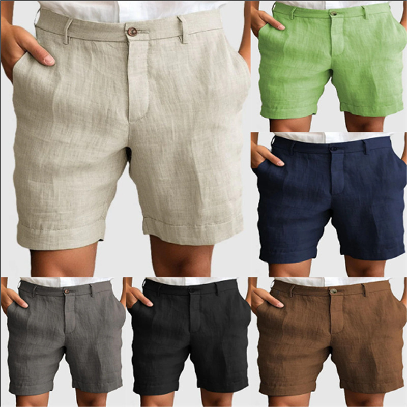 Men's Linen Summer Breathable Solid Color Outdoor Casual Zipper Button Shorts