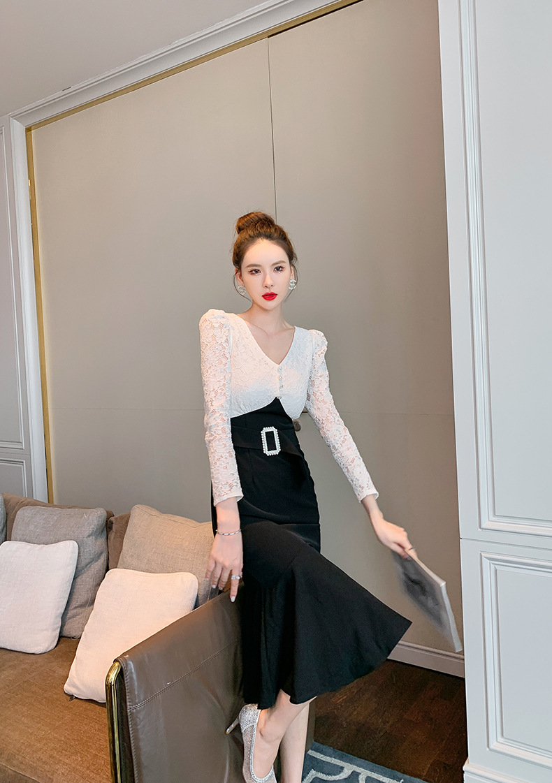 Đầm ôm body nữ cổ chữ V ren đuôi cá — Đen trắng chi tiết 8