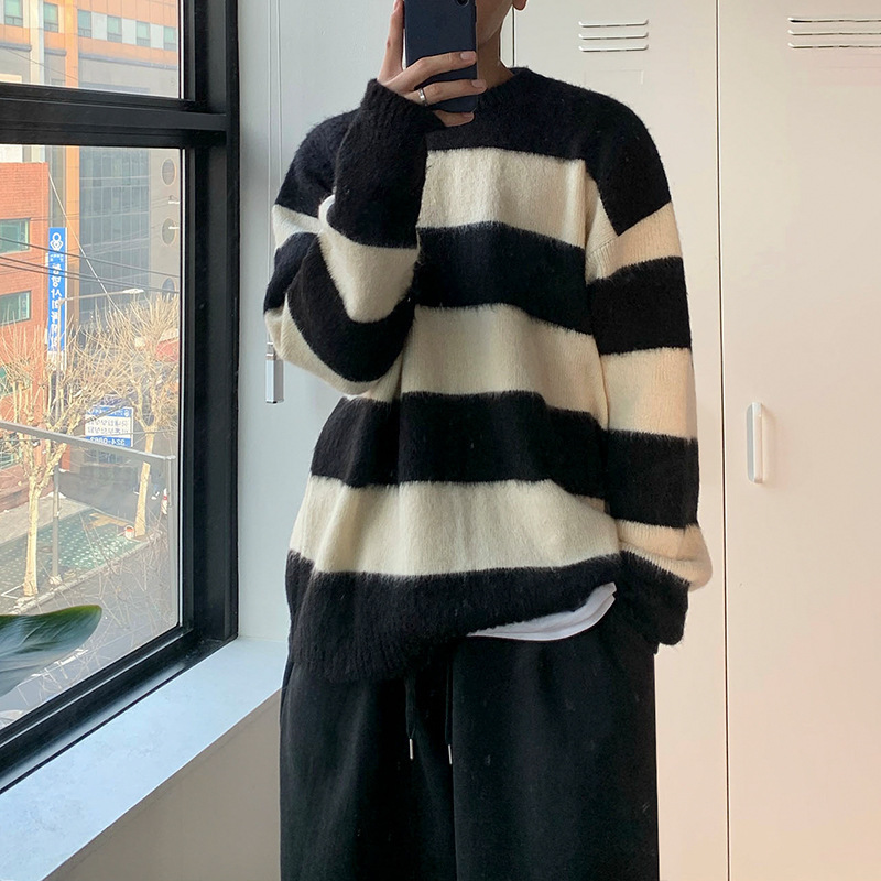 2024 Striped Mohair Sweater Men's Autumn Korean-style Loose Laid-back Crewneck Pullover Long-sleeved Sweater