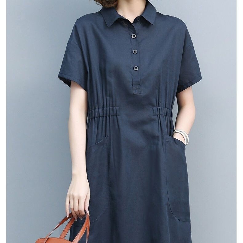25-Year-Old Long-Style Elegant New Loose-Fitting Mid-Thick Over-The-Knee Waist-Cinching Short-Sleeve Tummy-Covering Casual Shirt Dress That Makes You Look Slimmer