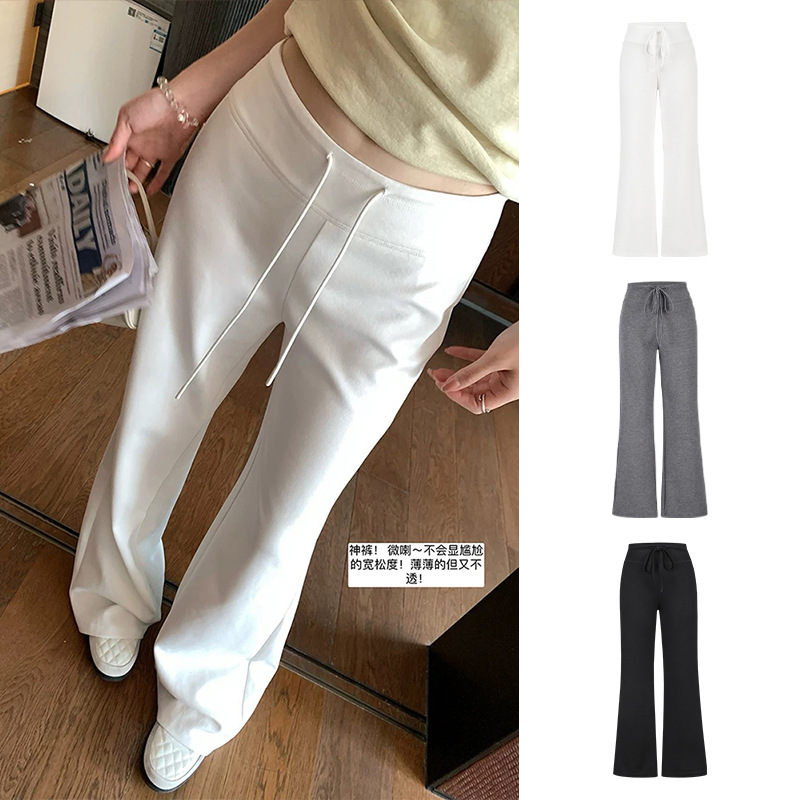 Moses Queen/魔西女王白色直筒运动裤抽绳高腰时髦凉感薄款阔腿裤