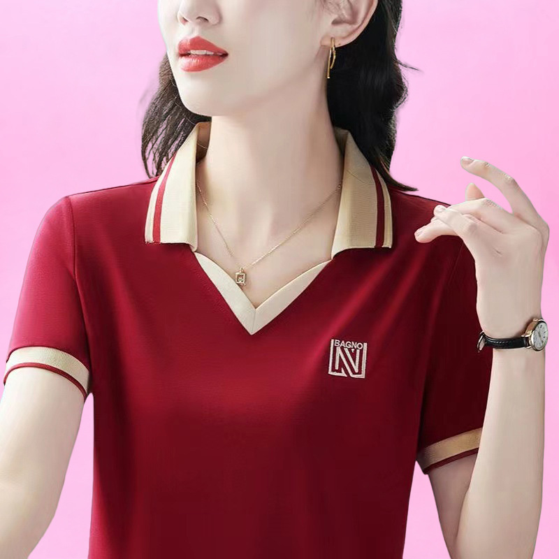 【215# M-4XL/3 Colors】Women's Short-Sleeve T-Shirt Summer Mother's 2024 New Embroidered Polo Shirt Slimming Top