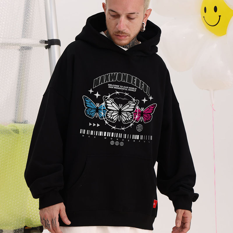 Vêtements pour hommes pull à capuche couleur lourde sweat-shirt papillon 400G velours léger plus velours style couple ample_voghion.com