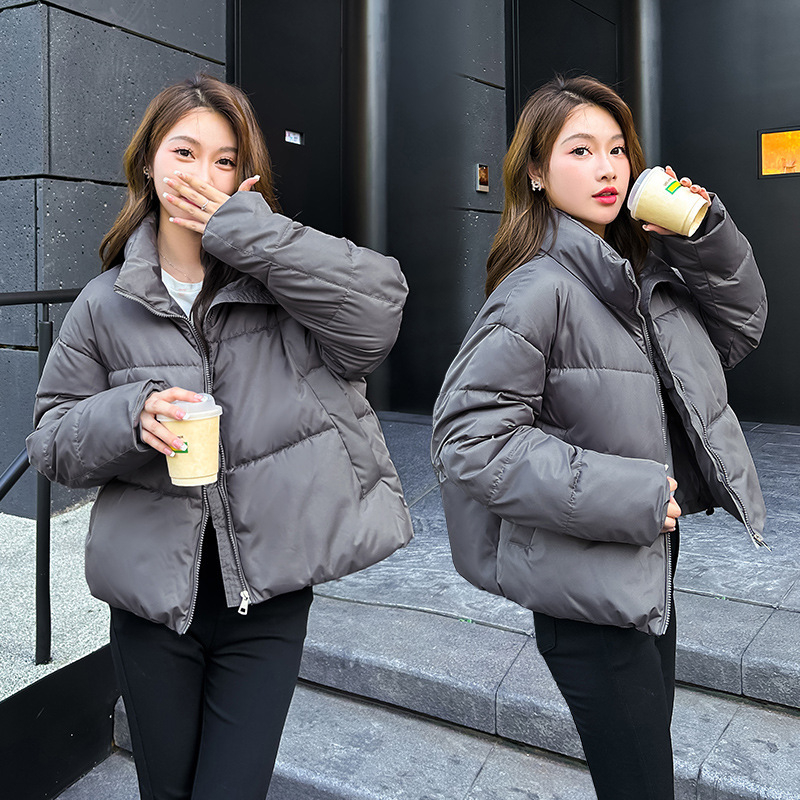 Winter New Candy-colored Stand-up Collar Short Cotton Coat for Women Simple Designer Loose Thickeneded Bread Coat for Small People