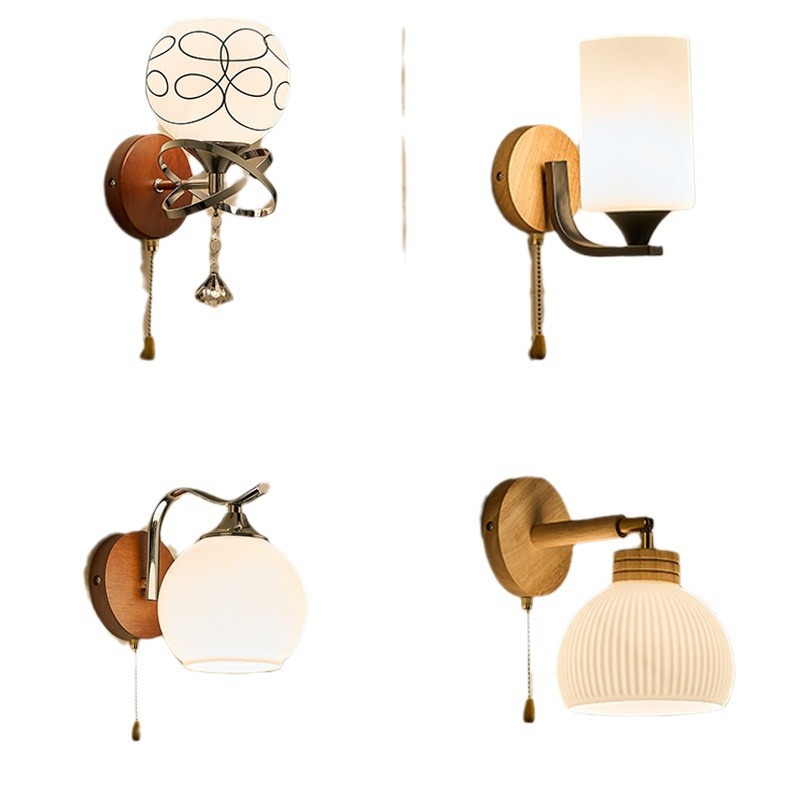 lámpara de pared madera nórdica simple madera sólida dormitorio lámpara de cabezal de cama interruptor de cable de tracción pasillo sala de estar lámpara de escalera