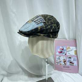 日系复古豹纹贴布前进帽子女秋冬个性街头百搭显脸小画家贝雷帽潮