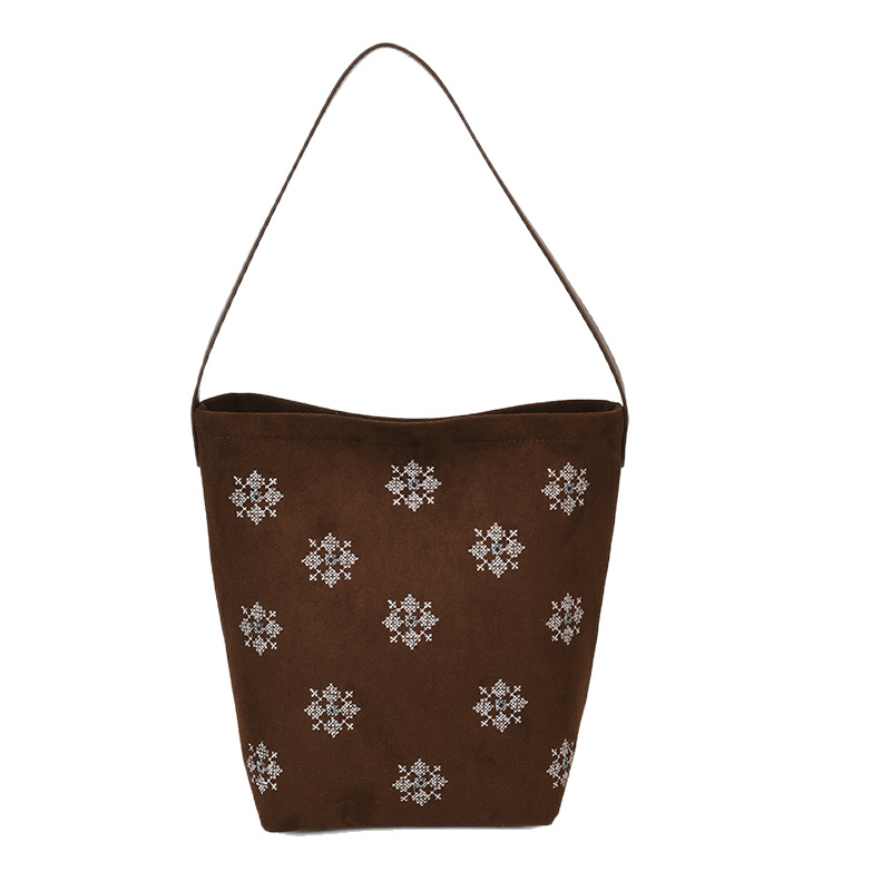 Chinese Style Suede Bucket Bag For Women 2025 Winter New Trendy Retro Underarm Bag Simple Large Capacity - Thumbnail 5