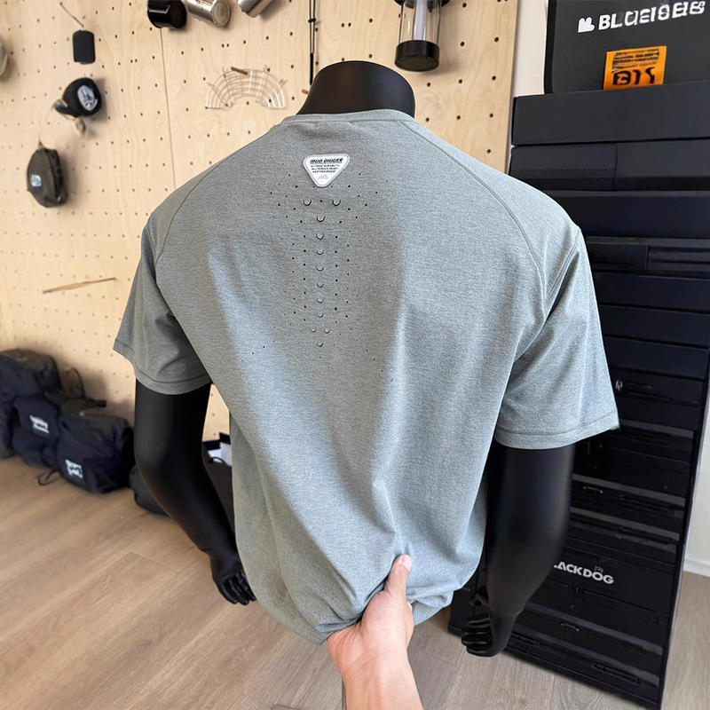 American Retro Niche Design Breathable Perforated Round Neck Short-Sleeved Pure Color T-Shirt Men's Summer Loose Sports Top