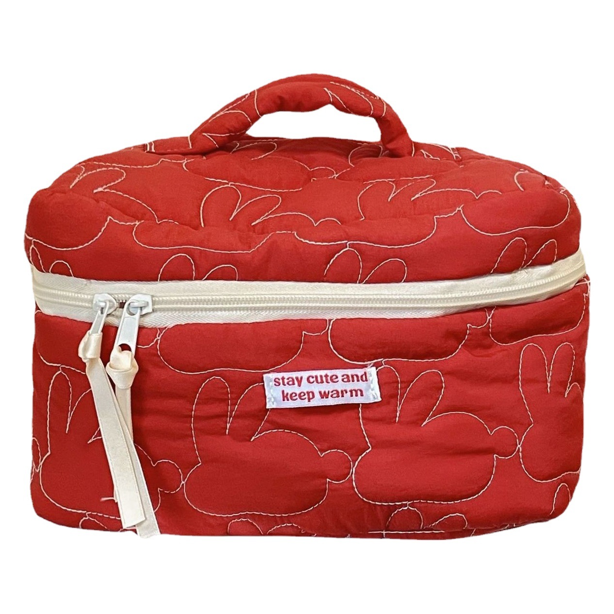 Conejo rojo y Blanco bolsa de cosméticos bolsa de almacenamiento lindo estudiante femenino portátil de gran capacidad de algodón acolchado bolso de embrague