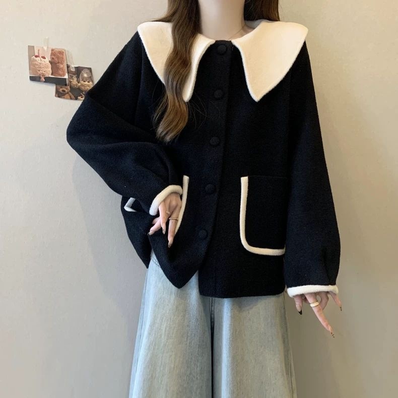 胖mm大码小香风开衫外套女秋冬甜美韩系显瘦独特300斤娃娃领上衣