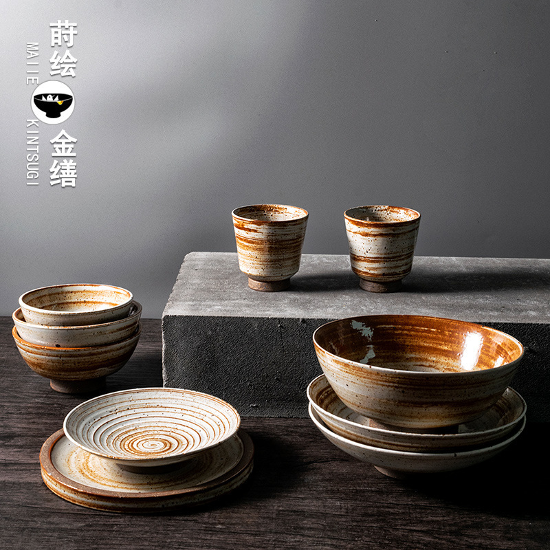 Coarse Pottery Tableware Set Vintage Dessert Small Bowl Ceramic Plate Japanese Style Flat Plate Ceramic Noodle Bowl Household Soup Bowl