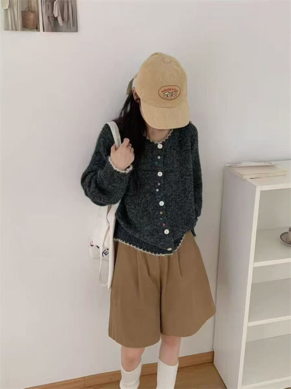 韩系撞色设计感针织衫女2025秋季新款圆领不规则彩扣小众毛衣外套|undefined