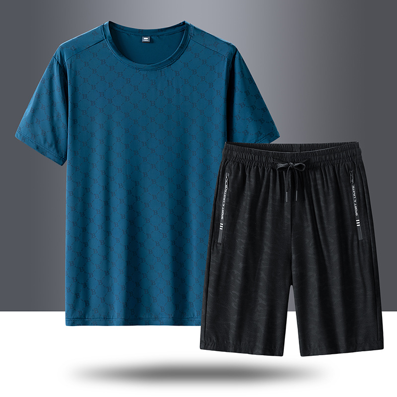 Casual de verano traje deportivo hombre hielo rápido secado mangas cortas camiseta pantalones cortos dos piezas juego de pantalones cortos deportivos fábrica al por mayor