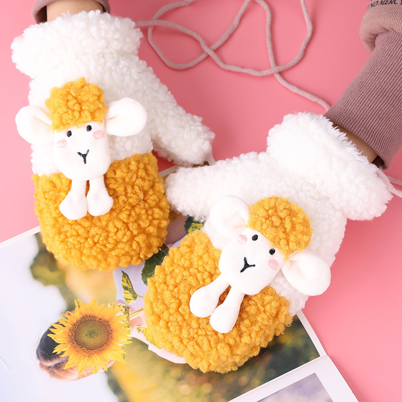 卡通手套女韩版可爱加绒加厚羊羔冬学生保暖挂脖手套包指连指手套