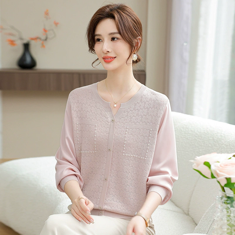 Среднего возраста мама платье 2025 новый трикотажный нижний рубашка среднего и пожилого возраста женщина весна и осень шифоновая футболка с длинными рукавами