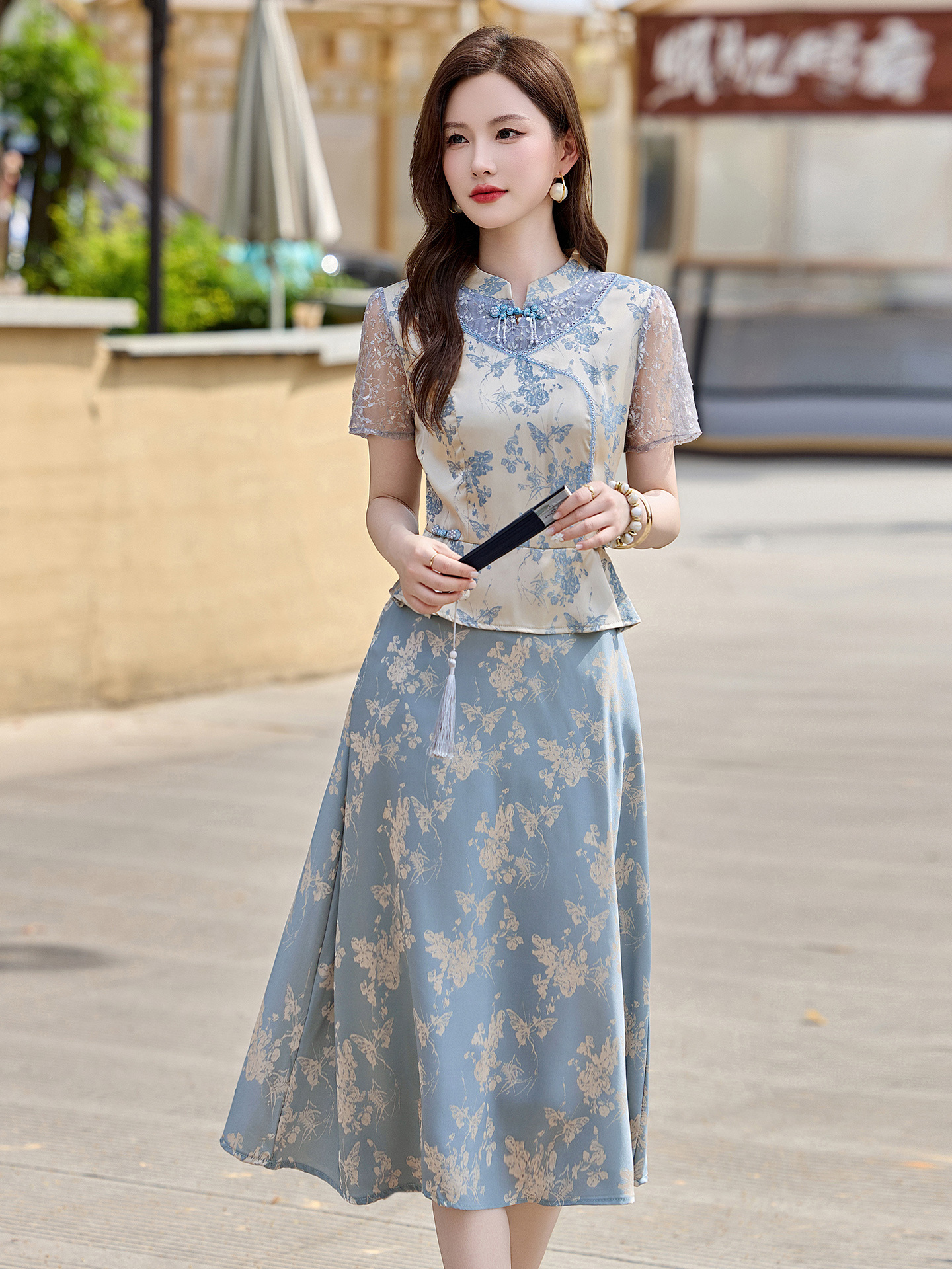 Đầm maxi nữ tân cổ điển cổ đứng đính hạt cườm, phối ren, họa tiết jacquard, thiết kế giả hai lớp LX2625 — xanh lam, Màu hồng