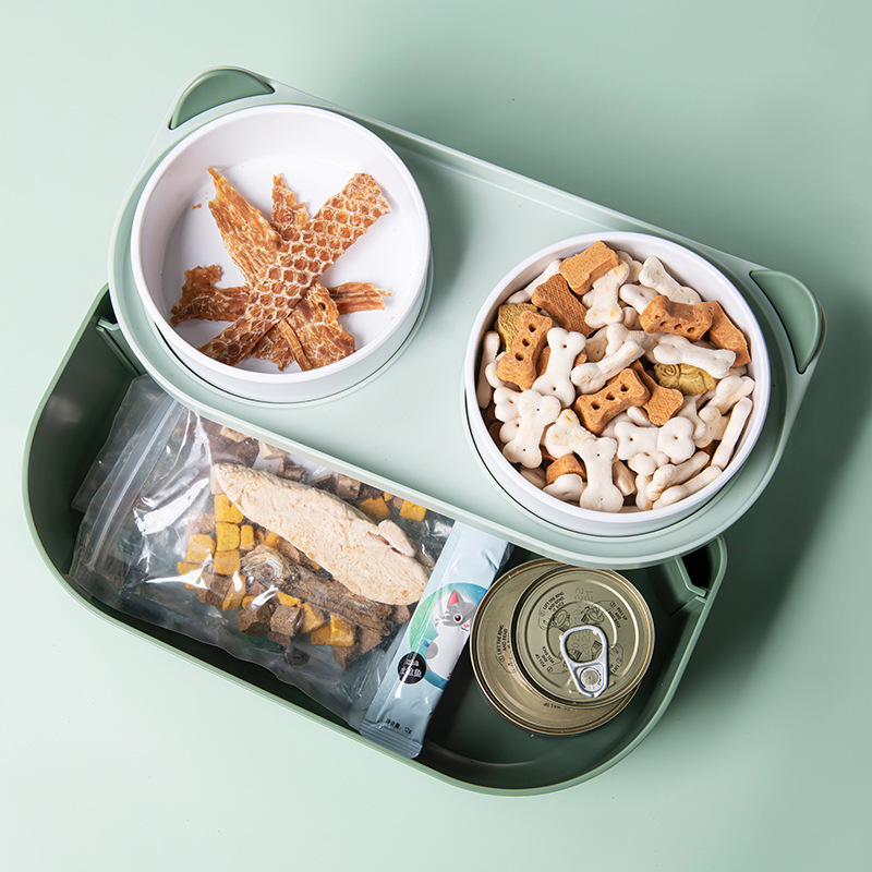 Suministros para mascotas mascota doble tazón protector columna cervical gato tazón de comida orejas de gato con pala tazón de plástico de almacenamiento de alimentos tazón de doble capa tazón para perros