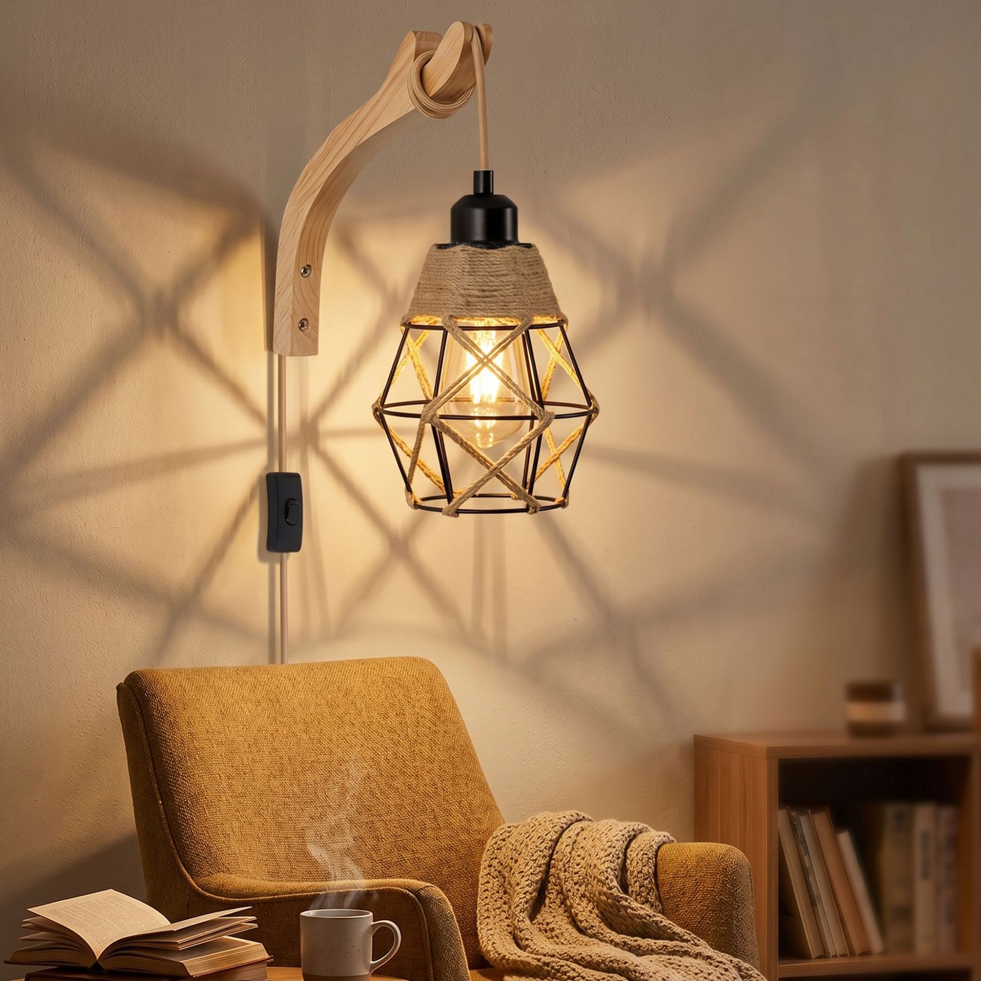 Lámpara de pared enchufable estilo americano rústico madera sólida lámpara de pared de cuerda de cáñamo industrial lámpara de pared de cuerda de cáñamo transfronteriza lámpara de pared de comercio electrónico